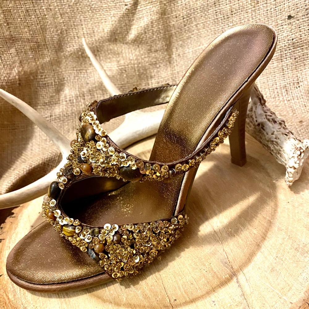 Gold ✨embellished beaded & sequined heels NWOT